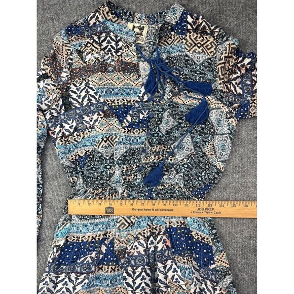 Jaase Long Sleeve Dress Women's XS Blue Multi Print Button Up Elastic Tassel - Picture 5 of 8